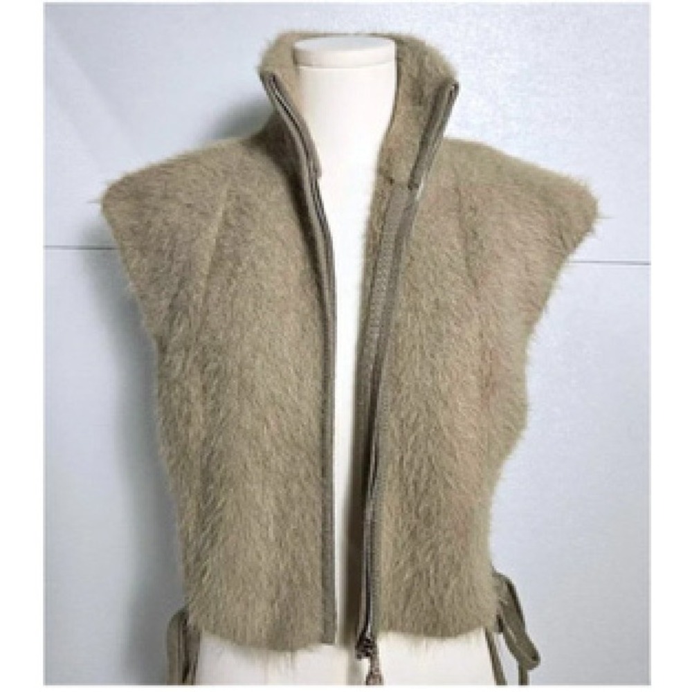 FARM Rio Fuzzy Knit Zip Up Funnel Neck Vest with Side Ties + Beaded Tassel XXS